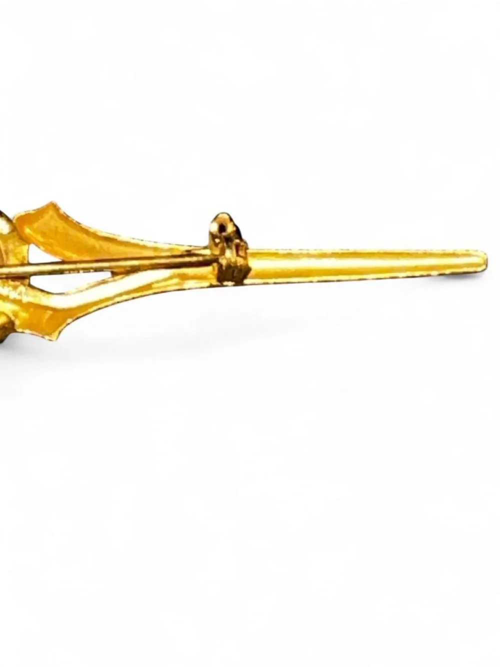 Vintage Gold Tone Bar Brooch with Dark Blue Center and Clear Accents
